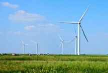 Champ d'éoliennes ciel bleu
