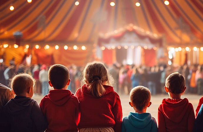 enfants assistant à un spectacle de cirque pendant une sortie scolaire