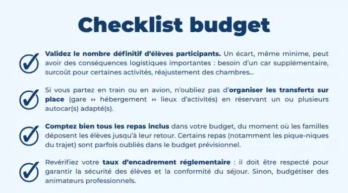 Checklist budget pour une classe de découvertes