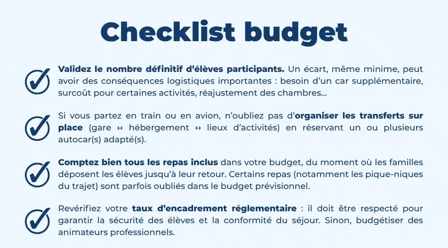 Checklist budget pour une classe de découvertes